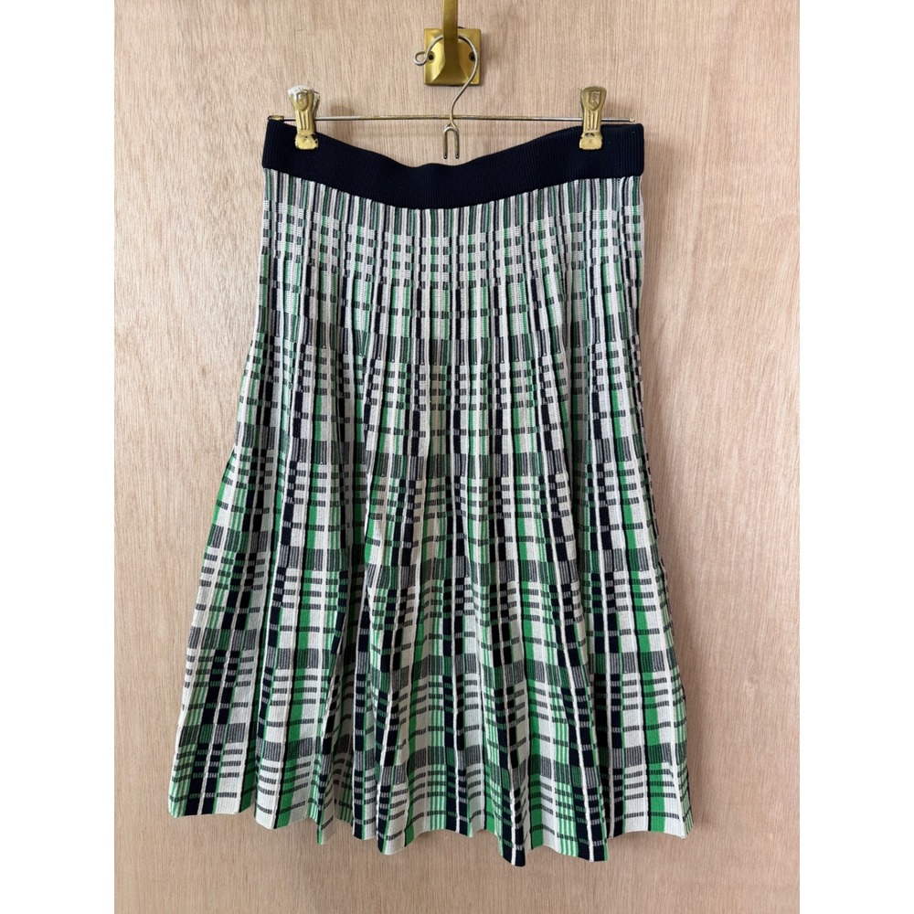 Banana Republic Green Navy Plaid Pleated Knit Midi Skirt Size Small
